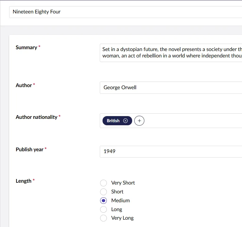 Editing a book in the Umbraco backoffice