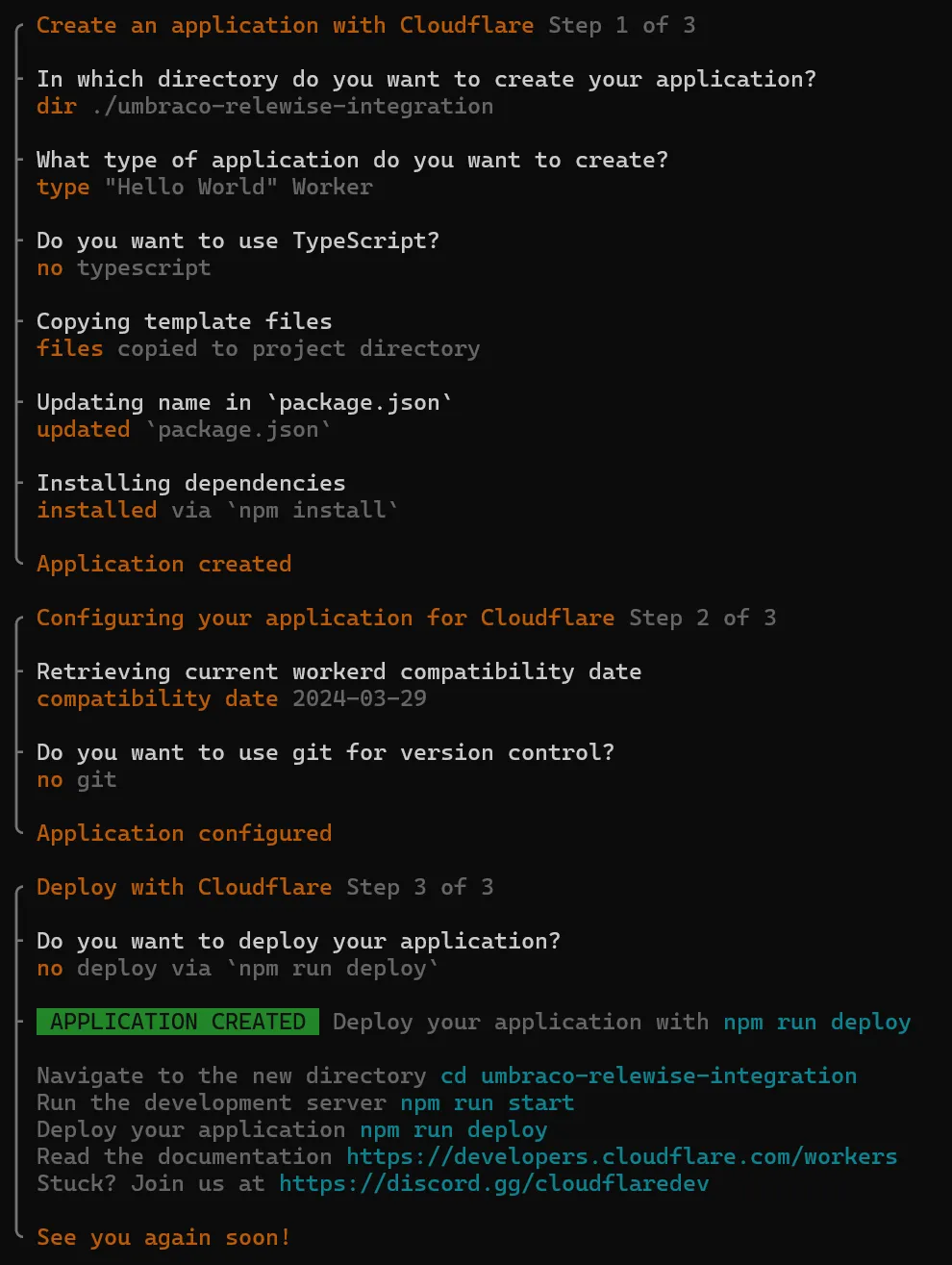 The Cloudflare CLI setting up a Worker project