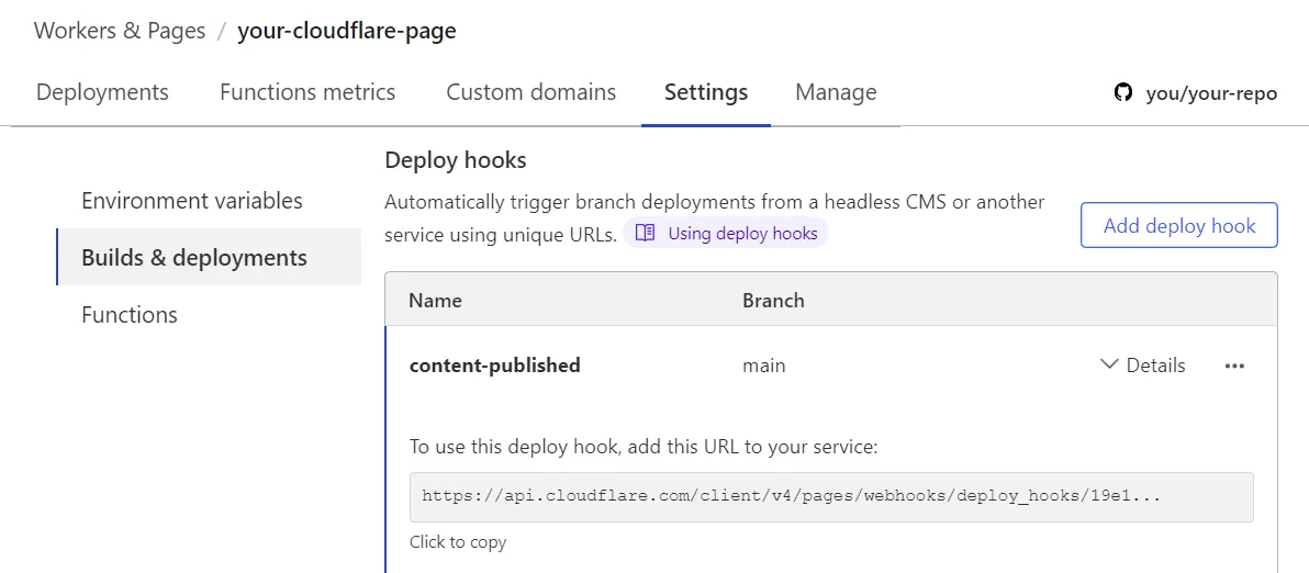 Configuring deployment hooks for a Cloudflare Page