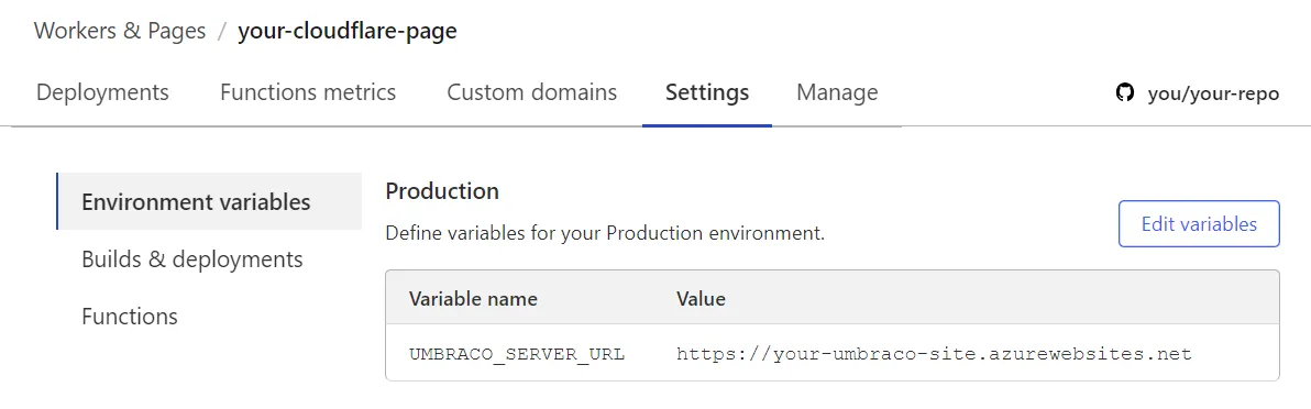 Configuring environment variables for a Cloudflare Page