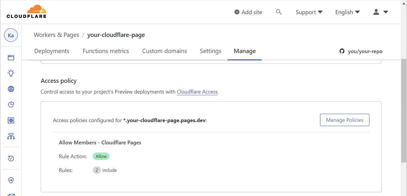 Access policies enabled for a Cloudflare Page