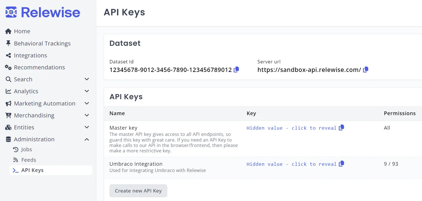 API keys administration in My Relewise