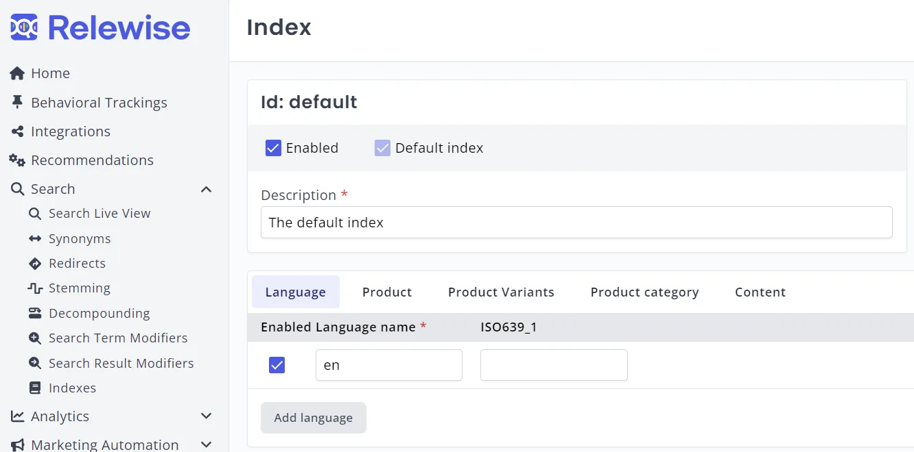 Creating a search index in My Relewise
