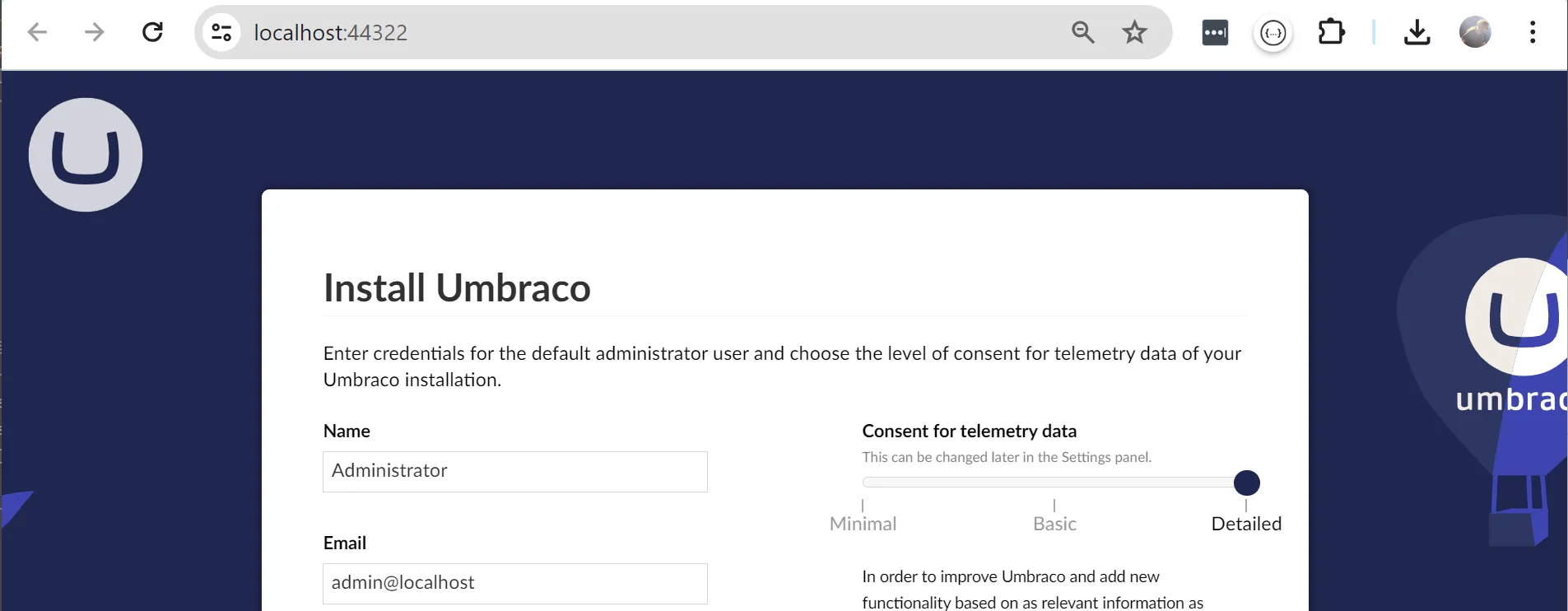 The Umbraco install wizard