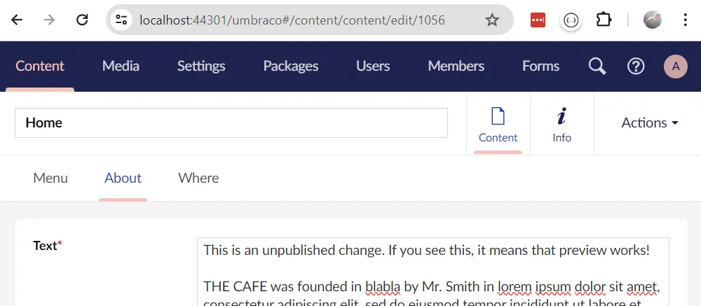 Unpublished changes in Umbraco