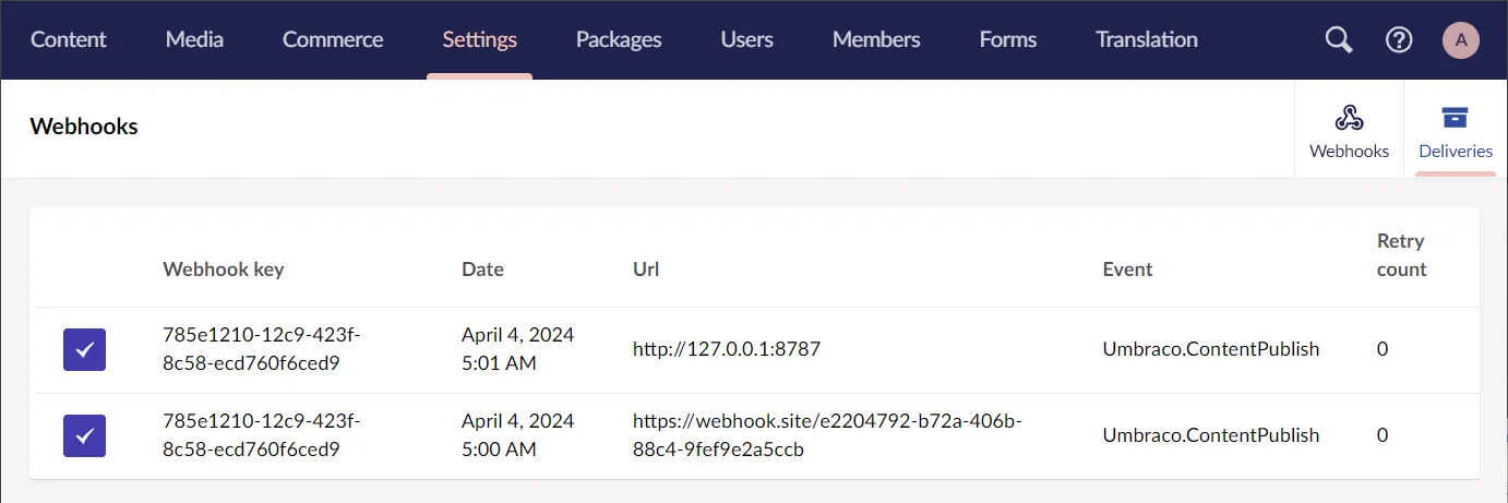 Webhook deliveries log in Umbraco