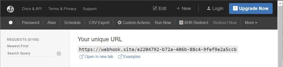 Webhook.site with a newly created webhook destination